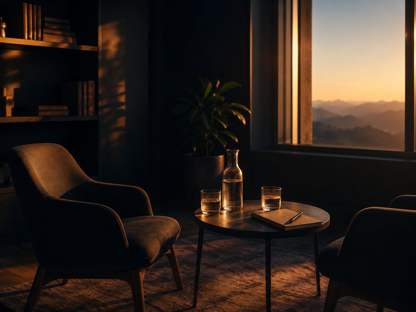 A quiet corner with two chairs ready for a conversation, in warm evening light